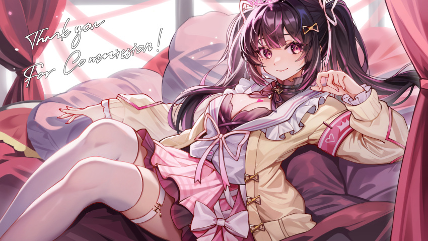 bow_skirt breasts brown_hair chen_ying_(alan-yut) cleavage collar commentary commission english_commentary feet_out_of_frame female frilled_collar frilled_sleeves frills hair_ornament hair_ribbon hairclip highres himemiya_rie indoors jacket large_breasts long_hair long_sleeves looking_at_viewer lying multicolored_hair neck_ribbon on_back on_bed open_clothes open_jacket phase_connect pillow pink_eyes pink_hair pink_ribbon pink_skirt pixiv_commission pleated_skirt ribbon school_uniform serafuku shirt skirt smile solo streaked_hair thigh_strap thighhighs twintails two-tone_hair virtual_youtuber white_shirt white_thighhighs yellow_jacket