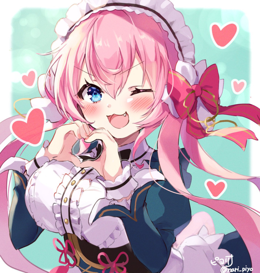 :3 ;d aqua_background blue_eyes blush bow breasts commentary_request diascia_(flower_knight_girl) female flower_knight_girl hairbow heart heart_hands highres large_breasts long_hair long_sleeves maid_headdress oerba_yun_fang one_eye_closed pink_hair piyoyanagi signature smile solo twitter_username two-tone_background upper_body white_background