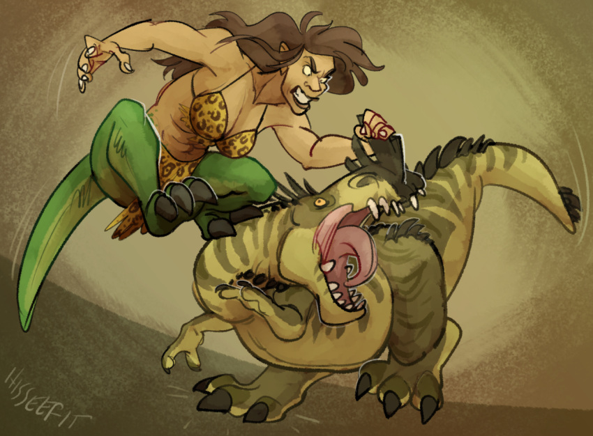 3_toes ambiguous_gender angry back_spikes big_breasts black_claws black_horn breasts brown_hair claws clenched_teeth clothed clothed_female clothing colored digital_media_(artwork) dinosaur duo extinct eyebrows feet female feral fight green_body green_tail gunthlus_(imperatorcaesar) hair hisseefit horn horn_grab humanoid humanoid_pointy_ears larger_ambiguous long_hair mammal markings motion_lines muscular muscular_female muscular_humanoid nails open_mouth pattern_clothing pattern_topwear pink_tongue prehistoric_species reptile ruth_(binturongboy) scale_markings scales scalie scar sharp_teeth simple_background size_difference spiked_tail spikes spikes_(anatomy) spots spotted_clothing spotted_topwear striped_body stripes tail tan_body tan_scales teeth toes tongue topwear unknown_species violence white_background wide_eyed