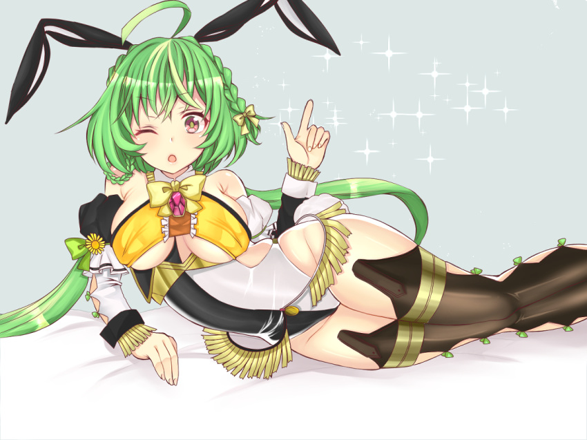 ;o ahoge animal_ears asteriscus_(flower_knight_girl) black_thighhighs bow braid breasts brooch crown_braid female flower flower_knight_girl full_body gem green_hair grey_background groin hair_flower hair_ornament jewelry leotard long_hair looking_at_viewer lying on_side one_eye_closed open_mouth rabbit_ears red_eyes simple_background solo sparkle takamatsu_tsukasa thighhighs thighs twintails underboob white_sleeves yellow_bow