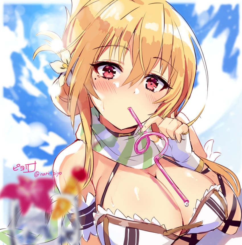 blonde_hair blue_sky blurry blurry_foreground blush breasts cleavage cloud cloudy_sky commentary_request crazy_straw day drinking_straw drinking_straw_in_mouth female fingerless_gloves flower flower_knight_girl gloves hair_between_eyes hair_flower hair_ornament highres kuchinashi_(flower_knight_girl) large_breasts looking_at_viewer mole mole_under_eye piyoyanagi red_eyes sky solo white_gloves