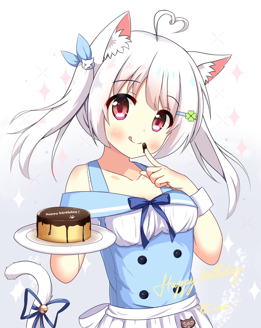 >_< :q ahoge animal_ear_fluff animal_ears apron bare_shoulders bell blue_ribbon blue_vest blush cat_ears cat_girl cat_hair_ornament cat_tail chinese_commentary chocolate_on_hand closed_mouth clover_hair_ornament collarbone commentary_request female food_on_hand four-leaf_clover_hair_ornament gradient_background grey_background hair_ornament hair_ribbon hairclip happy_birthday heart heart_ahoge highres holding holding_plate jingle_bell long_hair off-shoulder_shirt off_shoulder original plate puffy_short_sleeves puffy_sleeves red_eyes ribbon shirt short_sleeves smile solo sparkle tail tail_bell tail_ornament tail_raised tail_ribbon tongue tongue_out twintails vest waist_apron white_apron white_background white_hair white_shirt xiaosamiao