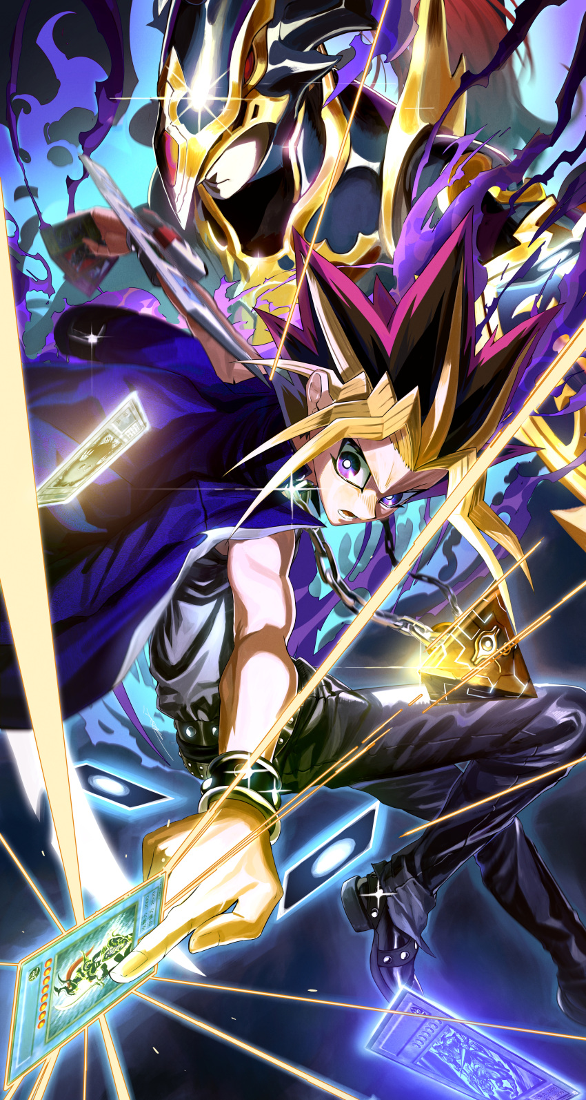 2boys absurdres black_hair black_luster_soldier black_pants blonde_hair card chains collar duel_monster dyed_bangs gaia_the_fierce_knight highres holding holding_card jacket jewelry jumping kuriboh male_focus millennium_puzzle monster multicolored_hair multiple_boys ossan_zabi_190 pants purple_eyes shirt spiked_hair yami_yugi yu-gi-oh! yu-gi-oh!_duel_monsters