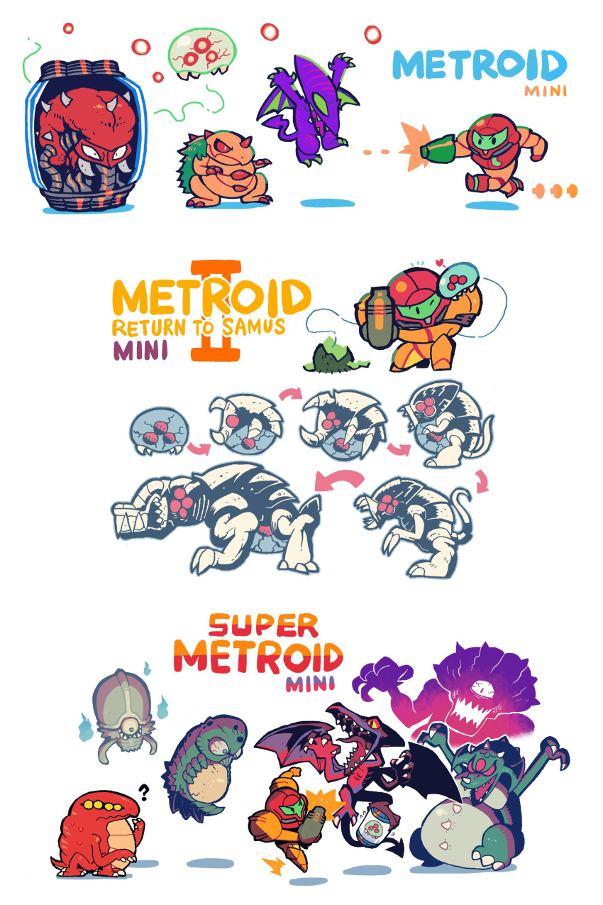 ? absurdres alien alpha_metroid arm_cannon arrow_(symbol) assault_visor brain chibi commentary copyright_name creature crocomire draygon eggshell energy_ring english_text engrish_text evolutionary_line extra_eyes female firing furrowed_brow gamma_metroid green_visor hatchlings heart highres kraid looking_at_another metroid metroid_(classic) metroid_(creature) metroid_2:_return_of_samus mother_brain omega_metroid one-eyed phantoon power_suit_(metroid) queen_metroid ranguage rariatto_(ganguri) ridley samus_aran science_fiction sharp_teeth simple_background super_metroid tank_(container) teeth third_eye varia_suit weapon white_background wings zeta_metroid