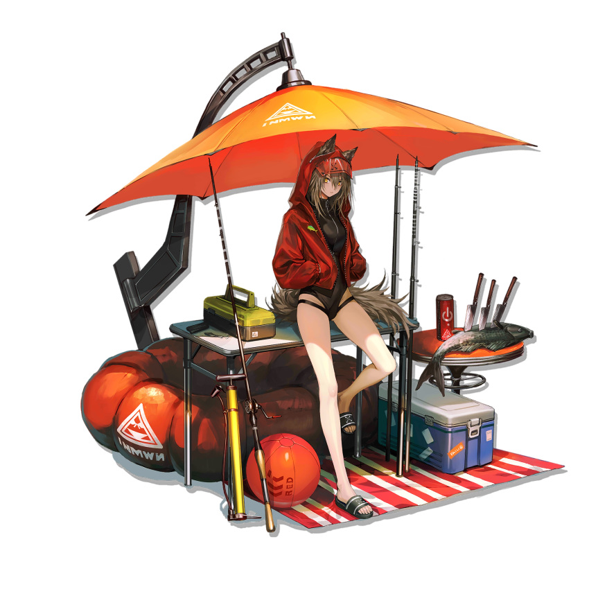 air_pump animal_ears arknights ball beach_umbrella beachball bicycle_pump black_one-piece_swimsuit character_name cooler ears_through_headwear english_text female fish fishing_rod full_body grey_hair hair_between_eyes hands_in_pockets highleg highleg_swimsuit highres hood hood_up hooded_jacket inflatable_raft infukun jacket knife long_hair long_sleeves looking_at_viewer official_alternate_costume official_art one-piece_swimsuit open_clothes open_jacket orange_umbrella projekt_red_(arknights) projekt_red_(light_breeze)_(arknights) red_jacket solo swimsuit tackle_box tail transparent_background umbrella wolf_ears wolf_girl wolf_tail yellow_eyes