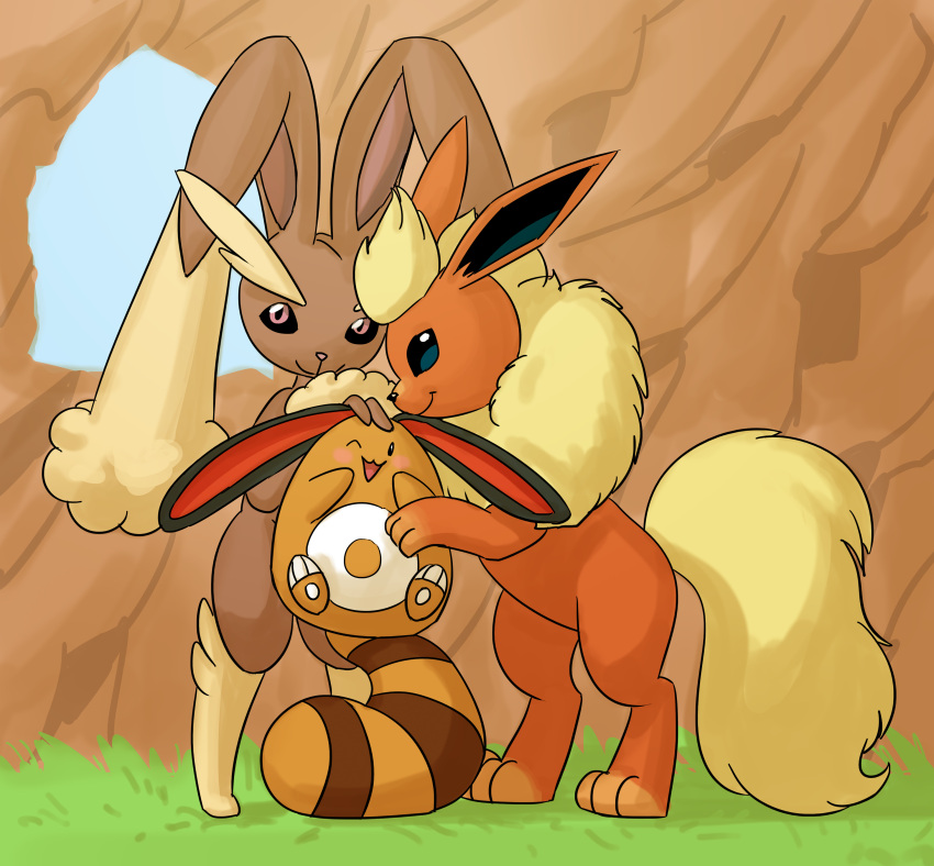 2016 absurd_res arth_the_flareon belly carniscorner colored cream_the_lopunny ears_down eeveelution female feral flareon fluffy fluffy_tail fur generation_1_pokemon generation_2_pokemon generation_4_pokemon grass group hi_res hug looking_at_viewer lopunny male male/female nintendo one_eye_closed open_mouth open_smile pawpads paws pivoted_ears plant pokemon pokemon_(species) raised_paw rock sentret shaded shiny_pokemon smile socks_the_sentret spreading standing standing_on_tail tail trio wall_(structure) white_pawpads white_toes window wink