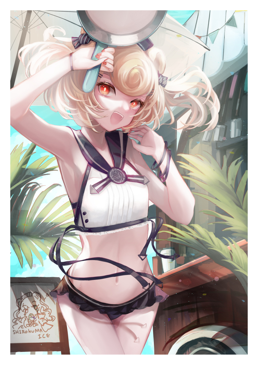 animal_ears arknights bikini bikini_bottom_only blonde_hair border cameo candy_hair_ornament commentary_request cowboy_shot female fern food-themed_hair_ornament frying_pan gummy_(arknights) gummy_(summer_flowers)_(arknights) hair_ornament hand_up hemorina highres holding holding_frying_pan looking_at_viewer navel official_alternate_costume open_mouth orange_eyes rosa_(arknights) short_hair solo standing stomach swimsuit umbrella white_bikini white_border white_umbrella wristband