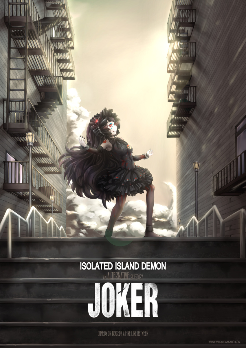 abyssal_ship batman_(series) black_hair bodystocking bonnet building dc_comics dress female fire_escape gothic_lolita highres isolated_island_oni joker_(2019) kantai_collection lolita_fashion long_hair outdoors parody red_eyes skirt smile solo stairs very_long_hair wakaura_asaho window