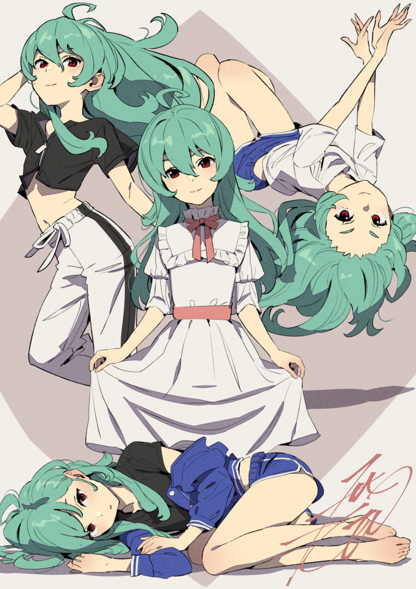 ahoge barefoot black_shirt blue_jacket blue_shorts bow collage cropped_legs dolphin_shorts dress frilled_dress frills full_body green_hair grey_pants gym_shorts hair_between_eyes head_tilt highres jacket kobayashi_gen legs long_hair looking_at_viewer lying morgana_(school_girl_strikers) navel on_back on_side pants pink_ribbon red_eyes ribbon school_girl_strikers shirt shorts sidelocks signature simple_background skirt_hold toes track_pants white_dress white_shirt zipper