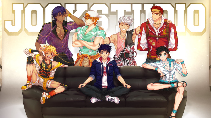 6+boys ace_anderson black_hair black_tank_top blonde_hair blue_anklet blue_eyes blue_hair blue_jacket blue_wristband bryce_callahan closed_eyes collared_shirt copyright_name couch dark_blue_hair derek_kingsfield floral_print green_shirt highres indoors jacket jock_studio_(blits_games) leo_mendez_(jock_studio) long_sleeves male_focus meme mikkoukun multiple_boys nakajima_yuuto official_art orange_hair piper_perri_surrounded_(meme) purple_hair purple_shirt red_hair red_jacket shirt short_hair short_sleeves shorts sitting smile tank_top undercut white_hair white_shorts yaoi yellow_eyes zayne_alexander