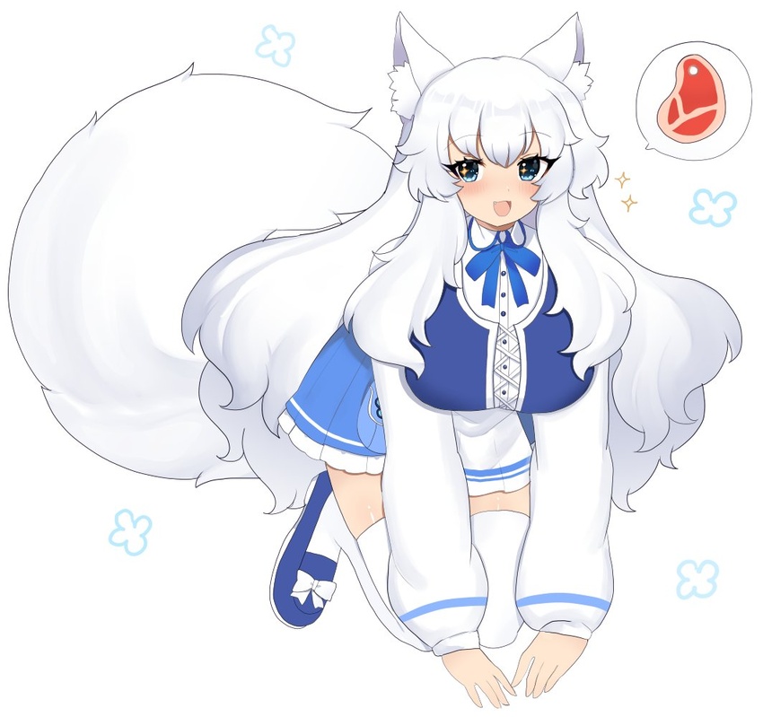 animal_ear_fluff animal_ears blue_eyes blue_skirt breasts female food indie_virtual_youtuber large_breasts lumi_(merryweather) meat plushcharm skirt solo tail thighhighs virtual_youtuber white_hair wolf_ears wolf_girl wolf_tail