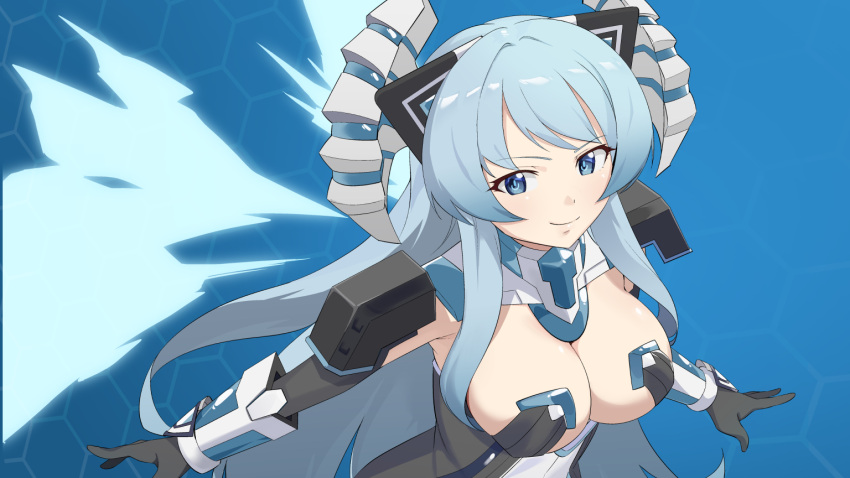 armor blue_eyes blue_hair breasts cleavage commentary_request detached_collar elbow_gloves energy_wings female from_above from_side gloves headgear horns kami_jigen_game_neptune_v kiseijou_rei_(goddess_form) large_breasts leotard long_hair looking_at_viewer makino_harumaki mechanical_gloves mechanical_horns neptune_(series) outstretched_arms power_symbol power_symbol-shaped_pupils smile solo symbol-shaped_pupils upper_body very_long_hair