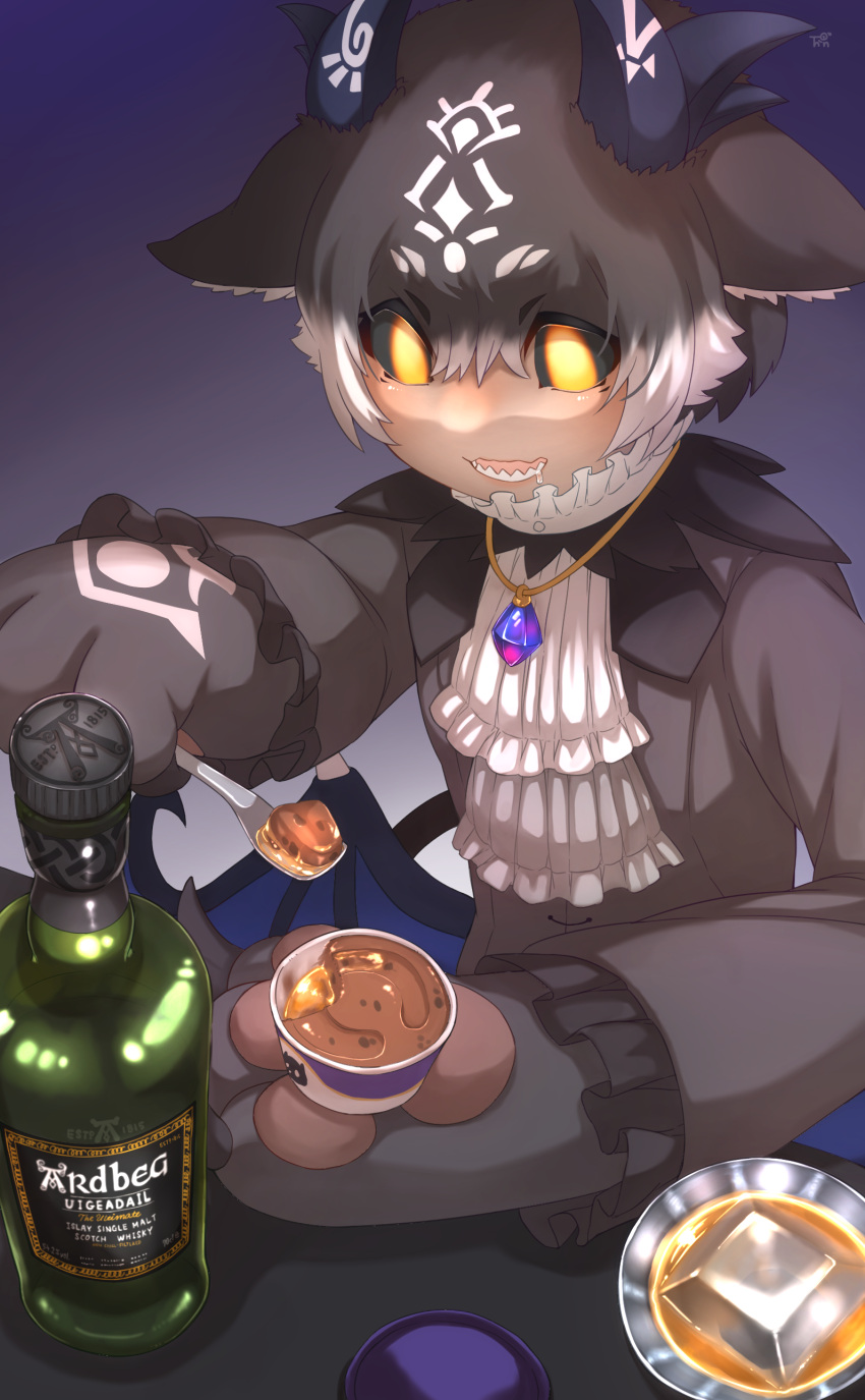 :d absurdres alcohol alternate_form animal_ear_fluff animal_ears animal_hands ascot black_sclera bottle brown_hair colored_sclera commentary_request dark-skinned_female dark_skin debidebi_debiru debiru-sama demon_girl demon_wings drooling eating female food frilled_sleeves frills gradient_hair hair_between_eyes highres horns kemono_friends long_sleeves low_wings multicolored_hair multiple_horns nijisanji no_pupils open_mouth sharp_teeth smile solo spoon teeth thin_(suzuneya) two-tone_hair virtual_youtuber white_hair wings yellow_eyes