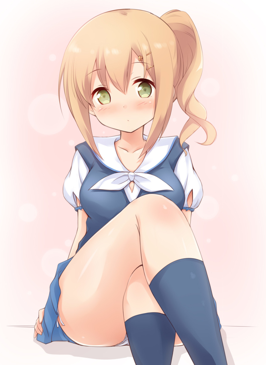 black_socks blue_skirt blue_sweater blush bow breasts collarbone commentary_request crossed_legs expressionless female green_eyes hair_ornament hairclip highres medium_breasts orange_hair panties pantyshot pleated_skirt school_uniform shirt short_sleeves side_ponytail sidelocks simple_background sitting skirt slow_start socks solo sweater sweater_vest thighs tokura_eiko underwear white_bow white_panties white_shirt yuu_(yumezakura)