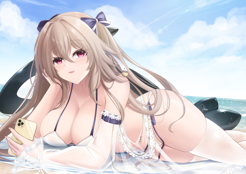 anchorage_(azur_lane) anchorage_(dolphins_and_swim_lessons)_(azur_lane) azur_lane beach bikini bow breasts cleavage collarbone detached_sleeves female hair_between_eyes hairbow heart holding holding_phone inflatable_orca inflatable_toy large_breasts light_brown_hair long_hair lying ocean official_alternate_costume parted_lips phone pink_eyes purple_bow rika_ryne see-through see-through_sleeves shore side-tie_bikini_bottom signature solo swimsuit thighhighs white_bikini white_thighhighs