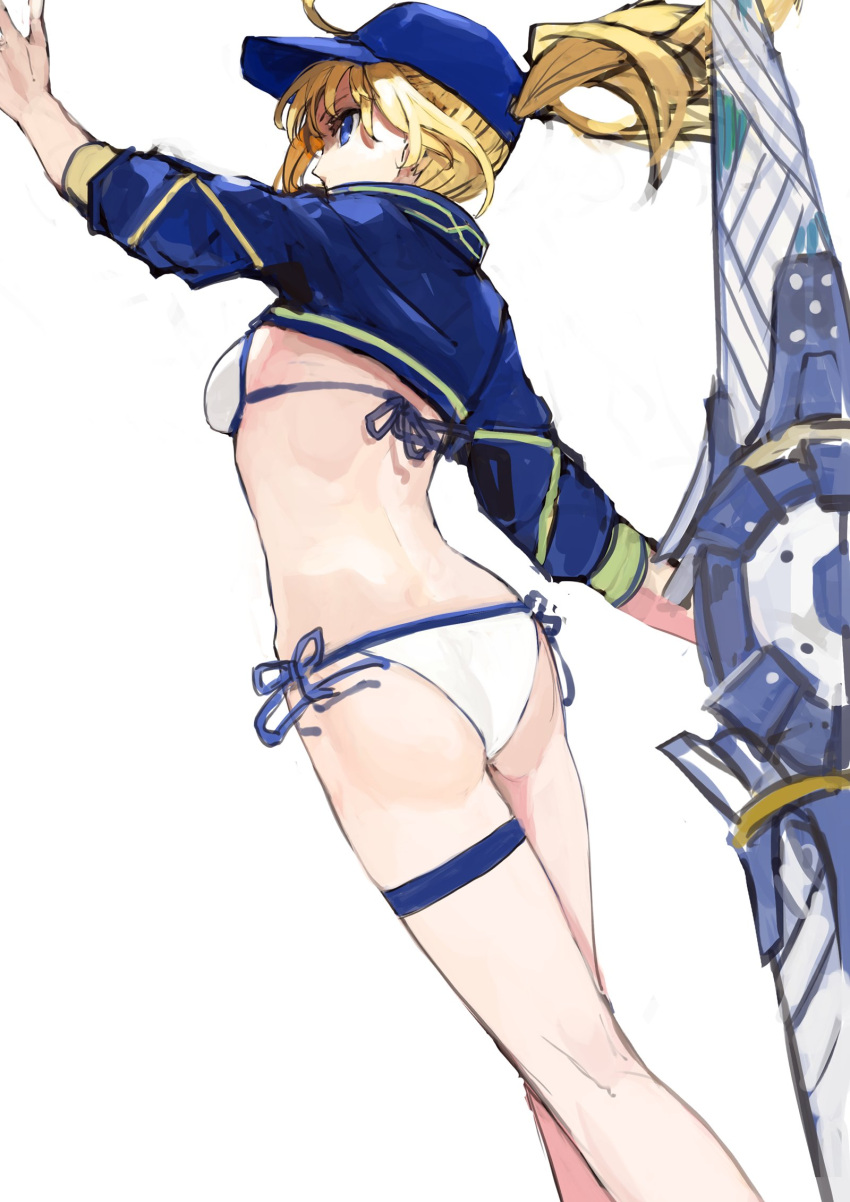 ahoge arm_up artoria_pendragon_(fate) ass baseball_cap bikini blonde_hair blue_hat blue_jacket commentary cropped_jacket fate/grand_order fate_(series) female from_behind hair_through_headwear hat highres holding holding_polearm holding_weapon jacket long_hair long_sleeves looking_ahead mysterious_heroine_xx_(fate) polearm ponytail side-tie_bikini_bottom simple_background solo standing swimsuit thigh_strap twinmyniad_(fate) weapon white_background white_bikini yorurokujuu