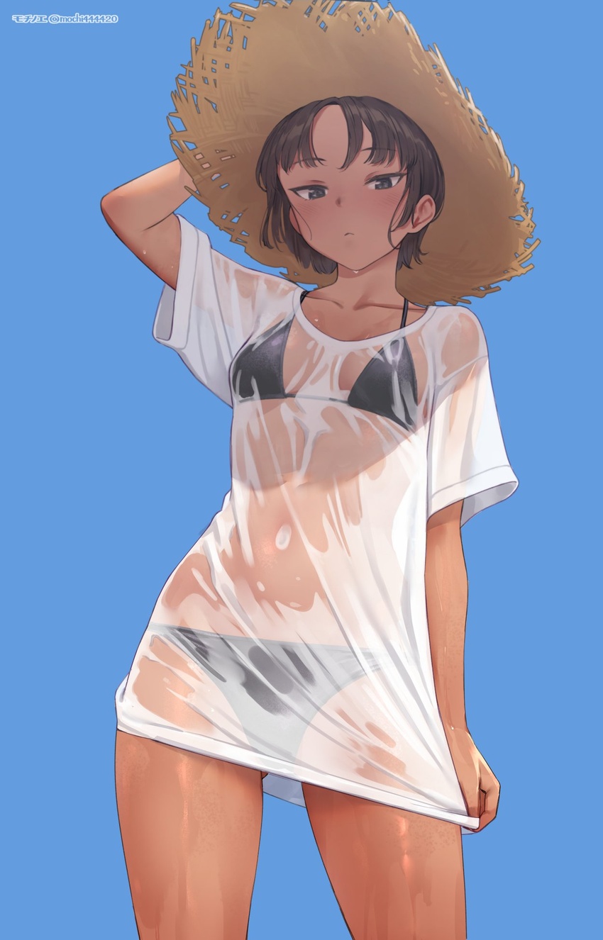 arm_up bikini bikini_under_clothes black_bikini blush breasts brown_hair closed_mouth female halterneck hand_on_headwear hat highres looking_at_viewer mochi_(mochi444420) no_pants original see-through see-through_shirt shirt short_hair short_sleeves simple_background small_breasts solo straw_hat string_bikini swimsuit t-shirt tan twitter_username wet wet_clothes wet_shirt white_shirt