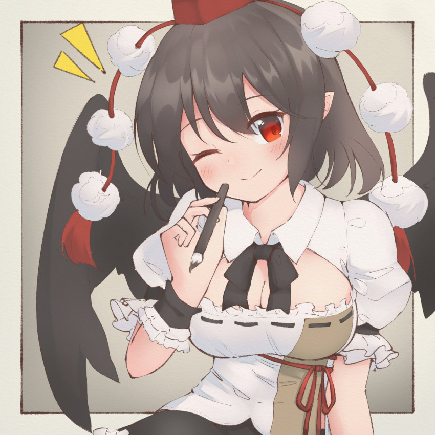 alternative_facts_in_eastern_utopia black_hair black_skirt black_wings black_wrist_cuffs breasts calligraphy_brush cleavage cleavage_cutout closed_mouth clothing_cutout collared_shirt female frilled_skirt frills happy hat head_tilt highres medium_hair nazawa_(nother) neck_ribbon one_eye_closed paintbrush pointy_ears pom_pom_(clothes) red_eyes red_hat red_ribbon ribbon ribbon-trimmed_shirt shameimaru_aya shirt skirt smile solo tassel tokin_hat touhou white_shirt wings wrist_cuffs