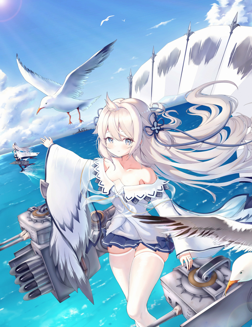 2girls absurdres artillery azur_lane bare_shoulders bird black_thighhighs blue_eyes blue_skirt blue_sky chinese_commentary commentary_request feet_out_of_frame from_side ganleizhi highres kawakaze_(azur_lane) long_hair long_sleeves looking_at_viewer miniskirt multiple_girls nagato_(battleship) outdoors pleated_skirt seagull skindentation skirt sky standing standing_on_liquid thighhighs torpedo_launcher umikaze_(azur_lane) very_long_hair water white_bird white_hair white_thighhighs wide_sleeves zettai_ryouiki