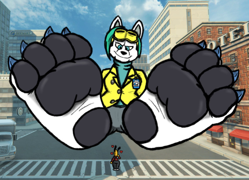 anthro arthropod bee blue_hair canid canine duo feet female foot_fetish foot_focus fox hair hi_res honeycomb_(shrinkybee) hymenopteran insects macro male male/female mammal pawpads pawperty_damage rache_(pawperty_damage) scientist shrinkybee size_difference