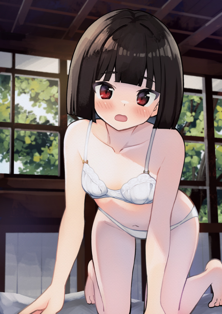 akemiho_tabi_nikki all_fours architecture barefoot black_hair blunt_bangs blunt_ends blush bob_cut bra breasts collarbone commentary east_asian_architecture embarrassed female foliage fukube_tamaki gendai_ninjakko_zukan highres indoors kouno_hikaru looking_at_viewer navel open_mouth original paid_reward_available panties red_eyes short_hair small_breasts solo tree underwear underwear_only white_bra white_panties window wooden_ceiling wooden_wall