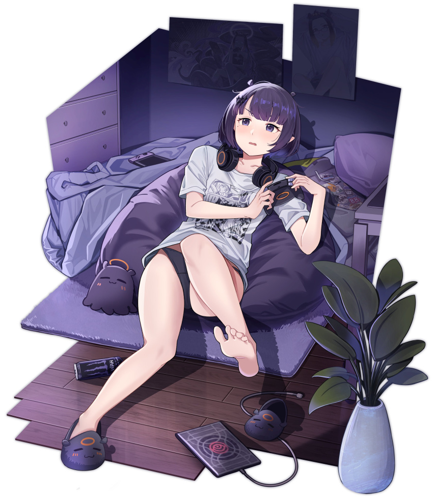 absurdres ao-chan_(ninomae_ina'nis) bare_legs barefoot bed black_panties breasts controller energy_drink female game_controller headphones headphones_around_neck highres holding holding_controller holding_game_controller hololive hololive_english looking_at_viewer monster_energy necronomicon ninomae_ina'nis ninomae_ina'nis_(loungewear) nintendo_switch no_pants nuebunny official_alternate_costume panties pillow purple_eyes purple_hair short_hair slippers small_breasts solo tablet_pc takodachi_(ninomae_ina'nis) underwear virtual_youtuber