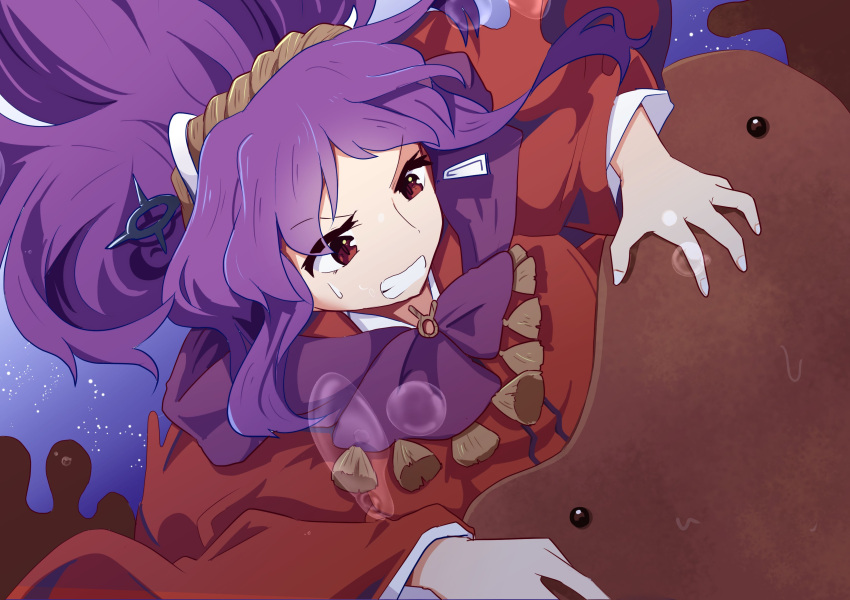 absurdres animal_ears clenched_teeth earrings female giant_salamander glaring highres jewelry kanisawa_yuuki long_hair lotus_eaters official_alternate_costume purple_hair red_eyes solo teeth touhou upper_body vore wide_sleeves yasaka_kanako