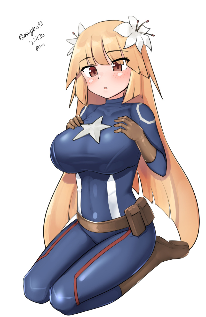 absurdres belt_pouch blonde_hair blue_bodysuit bodysuit boots breasts brooklyn_(kancolle) brown_footwear brown_gloves captain_america captain_america_(cosplay) cosplay dated female flower full_body gloves hair_flower hair_ornament hands_on_own_chest highres kantai_collection large_breasts maru_(marg0613) marvel one-hour_drawing_challenge pouch red_eyes simple_background sitting solo star_(symbol) superhero_costume twitter_username wariza white_background