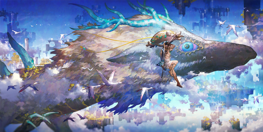 1boy archaic_set_(zelda) arrow_(projectile) bird bow_(weapon) claws cloud commentary_request dragon eastern_dragon floating_island flying highres horns light_dragon_(zelda) link midair paraglider quiver sandals scorpion5050 shield shield_on_back the_legend_of_zelda the_legend_of_zelda:_tears_of_the_kingdom weapon weapon_on_back