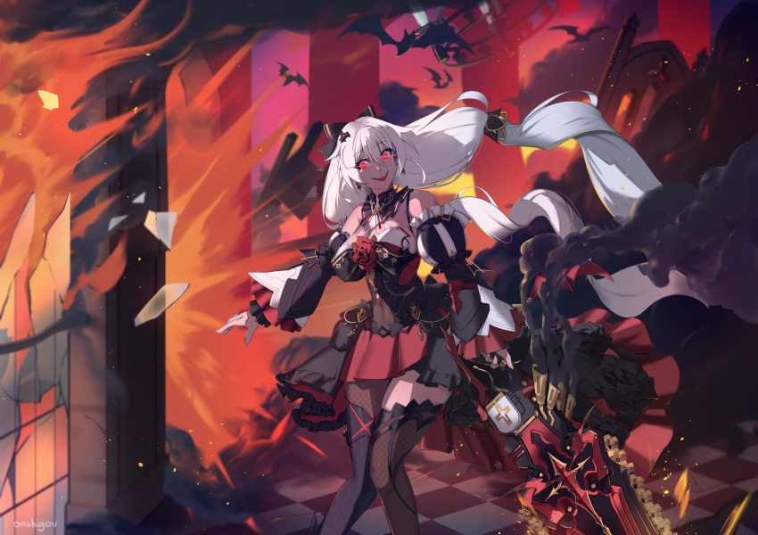 asymmetrical_legwear bat_(animal) breasts broken_window chainsaw commentary female fire glass_shards glowing glowing_eyes hair_ribbon highres holding holding_chainsaw holding_sword holding_weapon honkai_(series) honkai_impact_3rd large_breasts long_hair looking_at_viewer mismatched_legwear onshigou red_eyes ribbon single_leg_pantyhose sword tag theresa_apocalypse theresa_apocalypse_(luna_kindred) theresa_apocalypse_(lunar_vow:_crimson_love) weapon white_hair