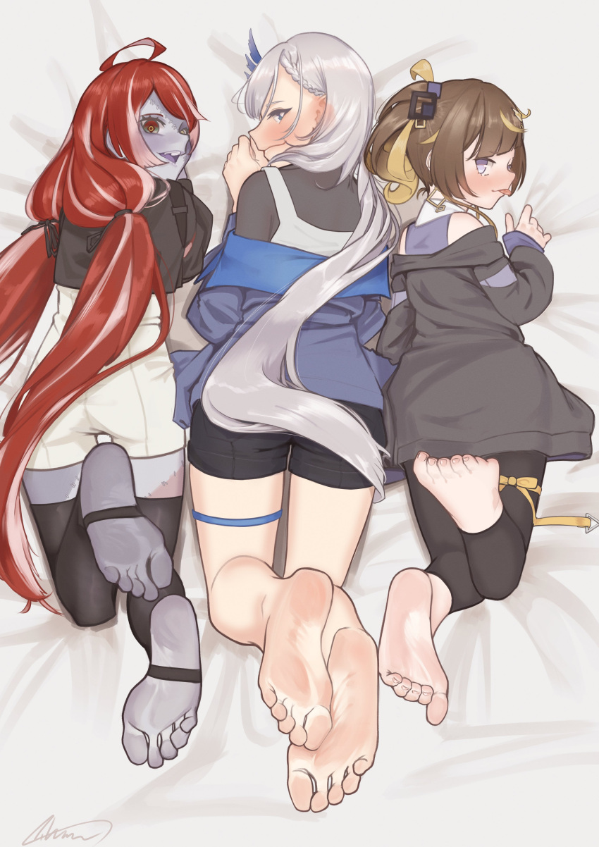 3girls absurdres ahoge aiharararara alternate_costume anya_melfissa barefoot blush brown_hair feet foot_focus from_above highres hololive hololive_indonesia holoro kneepits kureiji_ollie legs long_hair lying multiple_girls no_shoes on_stomach open_mouth pavolia_reine red_hair soles stirrup_legwear toe_scrunch toeless_legwear toenails toes tongue tongue_out virtual_youtuber zombie