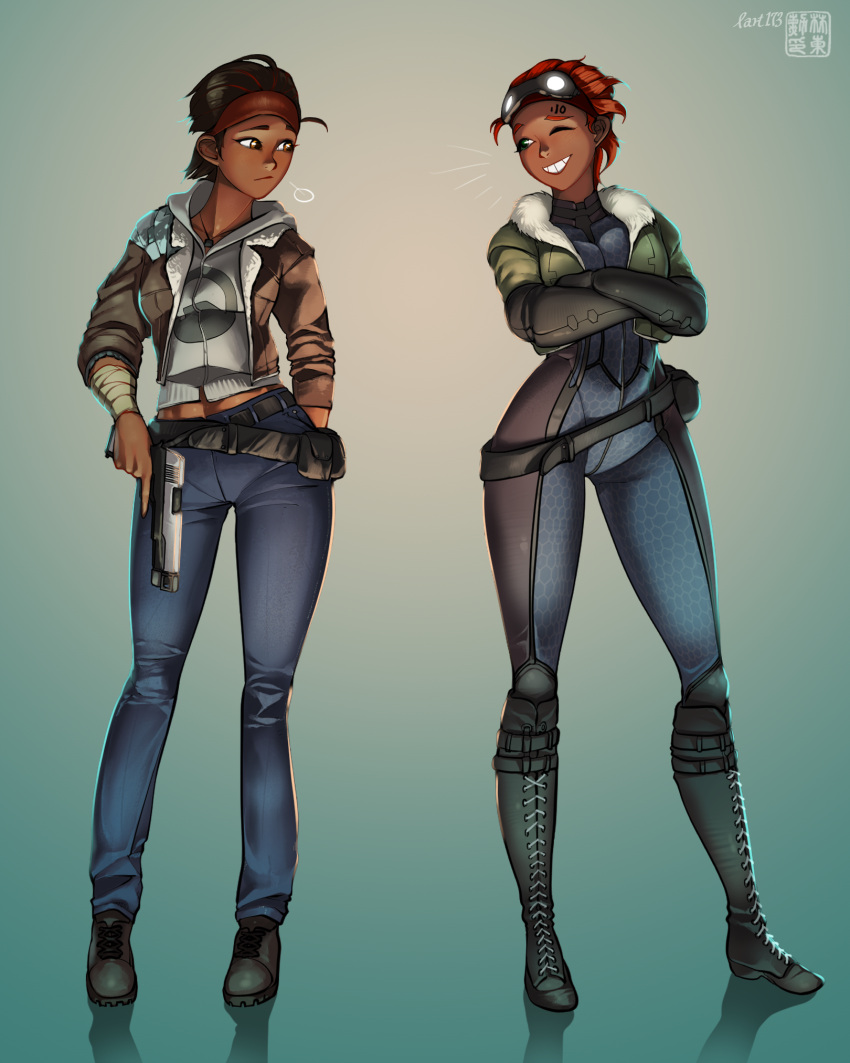 2girls abs ahoge alyx_vance arms_folded armwear before_and_after belt black_hair blue_pants bodysuit boots clothing dark-skinned_female dark_skin digital_drawing_(artwork) digital_media_(artwork) displeased eye_contact female female_abs female_focus female_only fingerless_gloves firearm fit fit_female folded_arms footwear fur_collar gloves goggles goggles_on_head green_eyes gun hairband half-life half-life_2 half-life_2_beta handgun hexagon holding_gun holding_pistol holding_weapon holster hoodie human jacket jeans knee_boots knee_pads kneepads lart173 multicolored_hair necklace pants pendant pistol red_hair shoe_laces shoes short_hair sigh simple_background smirk standing time_paradox toned toned_female tool_belt weapon white_armwear wholesome yellow_eyes