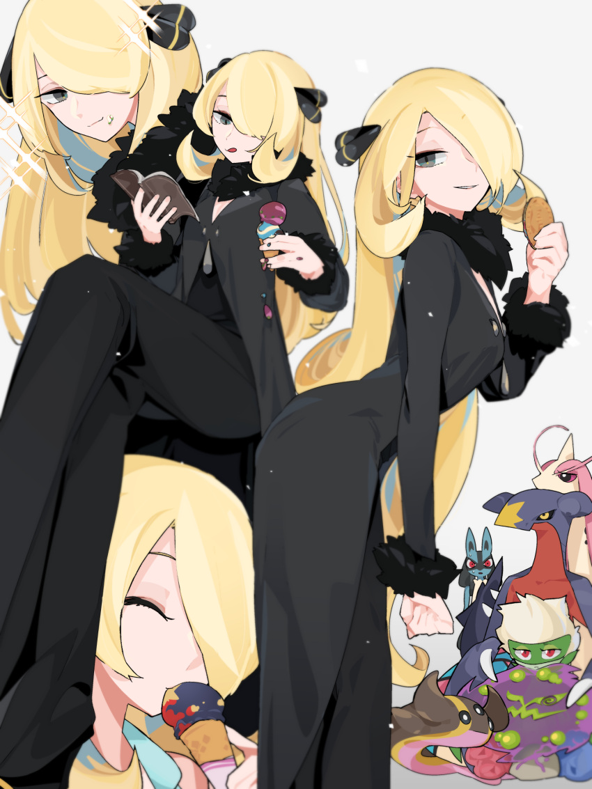 ^_^ arched_back black_coat black_eyes black_pants blonde_hair book breasts clenched_hand closed_eyes closed_mouth coat commentary crossed_legs cynthia_(pokemon) eating english_commentary female food food_on_face from_side fur-trimmed_coat fur-trimmed_sleeves fur_collar fur_trim garchomp gastrodon gastrodon_(west) grey_background grin hair_ornament hair_over_one_eye half-closed_eyes hand_up hands_up happy highres holding holding_book holding_food ice_cream ice_cream_cone ice_cream_sandwich idkuroi invisible_chair leaning_forward licking_lips long_hair long_sleeves looking_at_viewer looking_down lucario milotic mixed-language_commentary multiple_views one_eye_covered open_book pants pokemon pokemon_(anime) pokemon_(creature) pokemon_bw_(anime) pokemon_dppt_(anime) reading roserade sidelocks simple_background sitting slug small_breasts smile sparkle spiritomb standing teeth tongue tongue_out very_long_hair