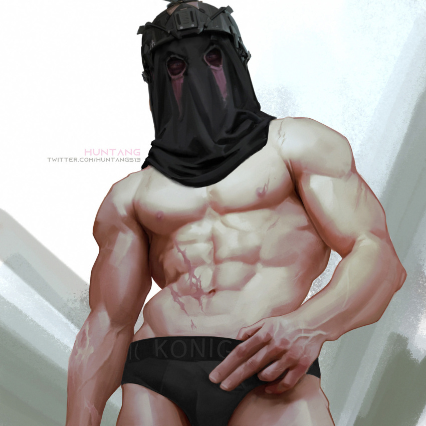 1boy abs artist_name bara black_male_underwear briefs call_of_duty call_of_duty:_modern_warfare_2 covered_face helmet highres huntang513 konig_(call_of_duty) large_pectorals looking_at_viewer male_focus male_underwear mask muscular muscular_male navel nipples pectorals scar scar_on_stomach solo twitter_username underwear