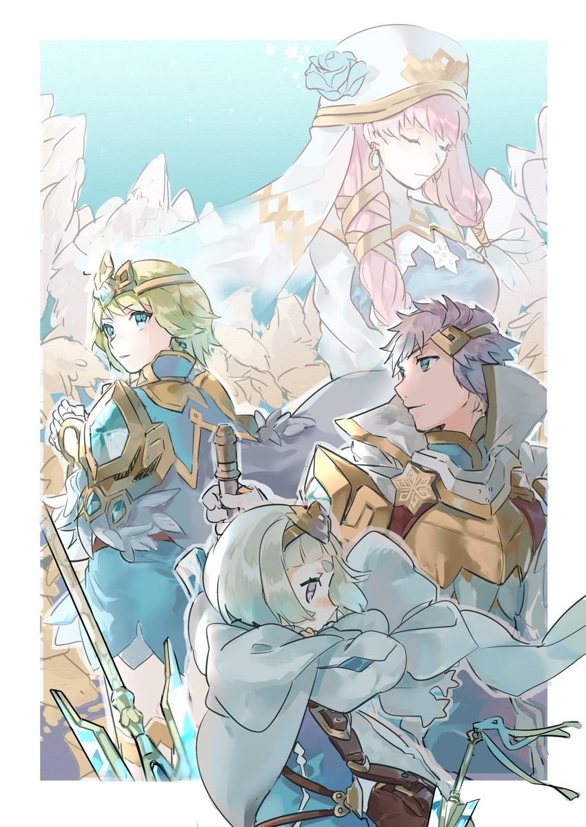 1boy 3girls armor blonde_hair blue_eyes blue_hair brother_and_sister closed_eyes closed_mouth dagger earrings feather_trim fire_emblem fire_emblem_heroes fjorm_(fire_emblem) from_side gradient_hair gunnthra_(fire_emblem) highres holding hrid_(fire_emblem) hukashin jewelry knife long_hair multicolored_hair multiple_girls pink_hair polearm short_hair siblings sisters tiara veil weapon white_hair ylgr_(fire_emblem)