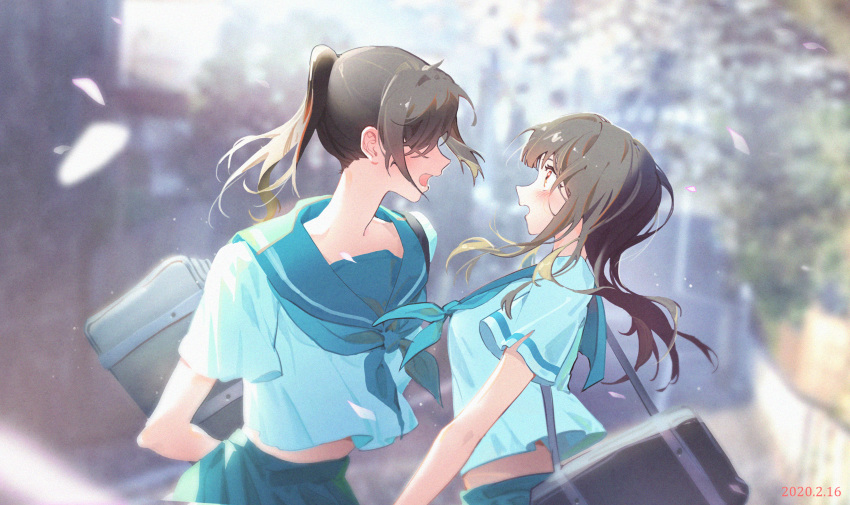 2girls absurdres arms_behind_back bag blue_skirt blurry blurry_background blush breasts brown_hair commentary cowboy_shot dated day eyelashes face-to-face hair_over_eyes hibike!_euphonium highres jira kasaki_nozomi kitauji_high_school_uniform liz_to_aoi_tori medium_breasts medium_hair midriff_peek multiple_girls open_mouth outdoors petals photoshop_(medium) ponytail profile red_eyes road sailor_collar school_uniform serafuku shirt short_sleeves shoulder_bag skirt sunlight tree white_shirt wind yoroizuka_mizore yuri