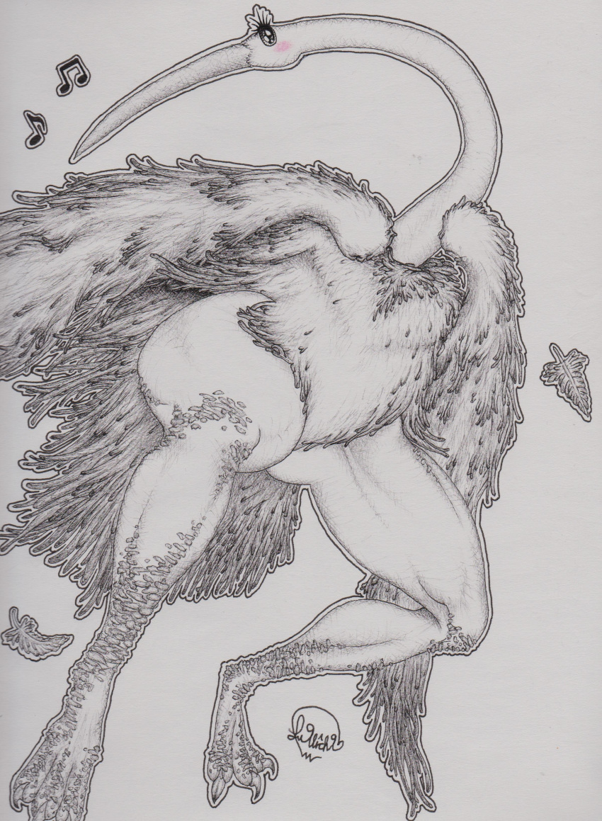 absurd_res avian big_legs bird blush feathered_wings feathers female feral hi_res ink long_beak musical_note solo squishymare thick_thighs traditional_media_(artwork) whistling wings