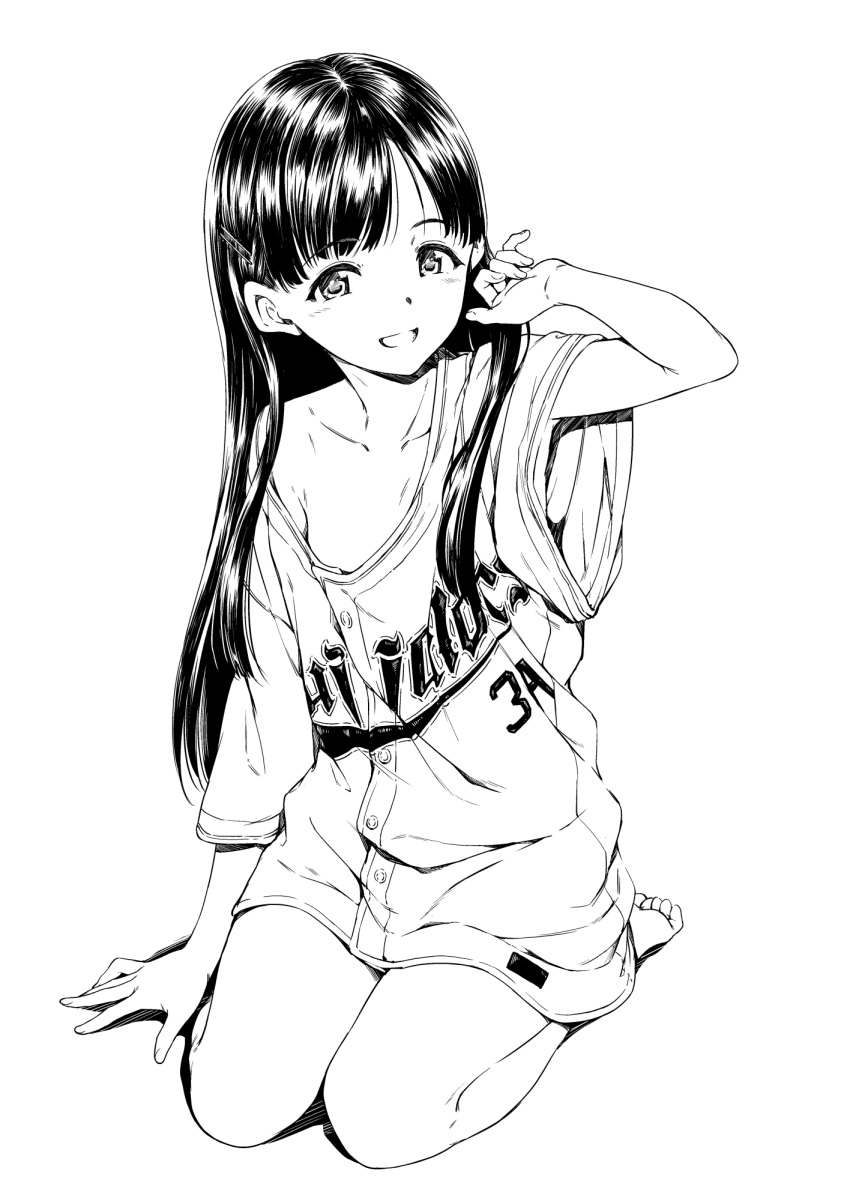 :d baseball_uniform blush collarbone comiket_93 feet female greyscale hamao highres idolmaster idolmaster_cinderella_girls kobayakawa_sae long_hair looking_at_viewer monochrome naked_shirt shirt simple_background sitting smile solo sportswear straight_hair white_background