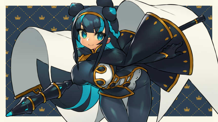 arm_behind_back ass blue_background blue_bodysuit blue_eyes blue_hair blunt_bangs bodysuit border braid breasts cape commentary_request covered_nipples cowboy_shot female gold_headband gold_trim gradient_eyes green_eyes hairband highres holding holding_weapon huion itsumo_nokoru large_breasts leaning_forward multicolored_eyes multicolored_hair original pantylines polearm raised_eyebrows shiny_clothes sidelocks smile solo spear two-tone_hair weapon