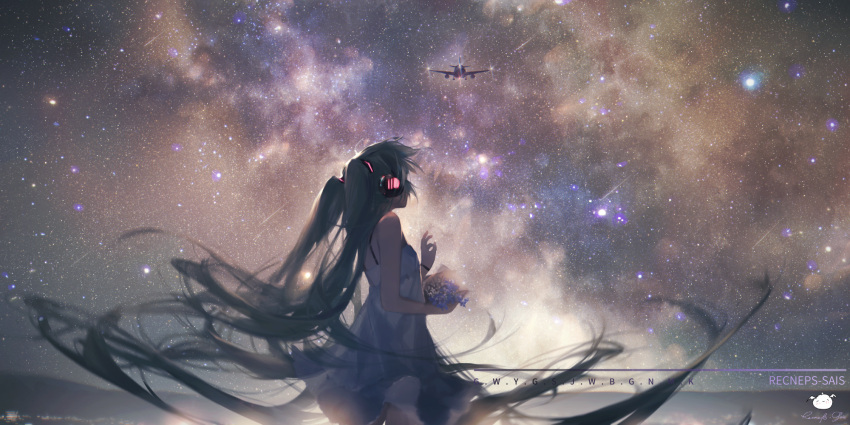 aircraft airplane artist_name backwards_text bare_arms bare_shoulders blue_flower bouquet commentary dress english_commentary facing_away female flower glowing green_hair hatsune_miku headphones highres holding holding_bouquet last_night_good_night_(vocaloid) long_hair mixed-language_commentary night night_sky outdoors sky sleeveless sleeveless_dress solo spencer_sais star_(sky) starry_sky twintails very_long_hair vocaloid white_dress white_flower