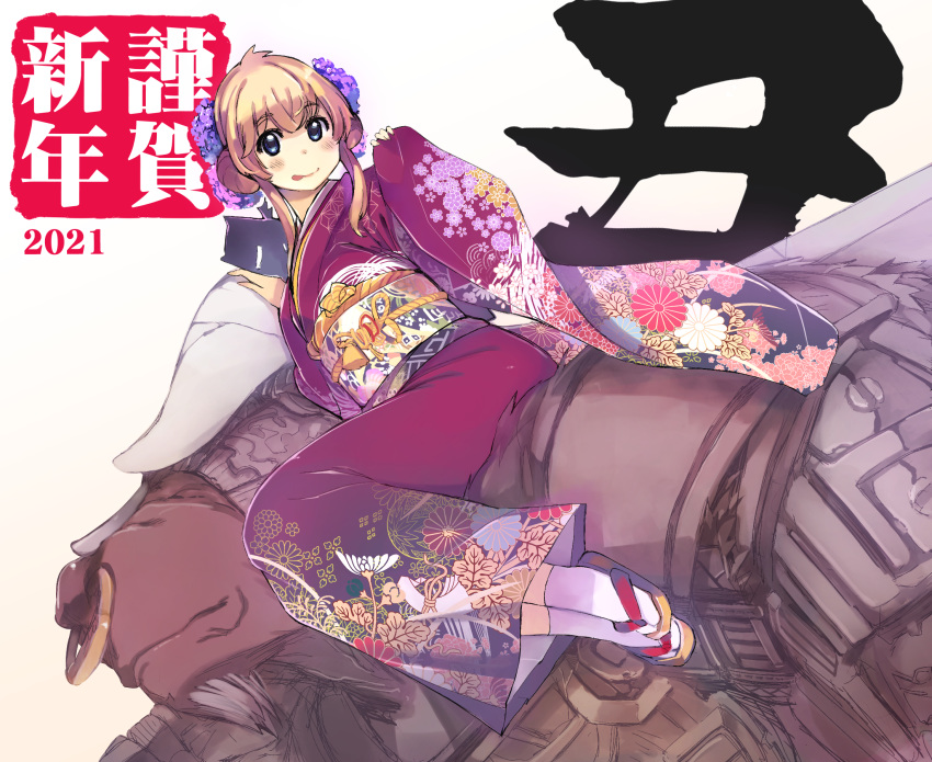 2021 alternate_costume armor asa_no_ha_(pattern) blacksmith_(ragnarok_online) blonde_hair blue_eyes blush brown_footwear closed_mouth commentary_request deviruchi double_bun dutch_angle female floral_print flower full_body furisode hair_bun hair_flower hair_ornament highres horns japanese_clothes kikumon kimono licking_lips long_hair looking_at_viewer mil_(xration) minotaur new_year nose_piercing nose_ring obi obiage obijime piercing purple_flower ragnarok_online sandals sash seigaiha sidelocks simple_background sitting socks solo_focus tabi tongue tongue_out white_background white_legwear