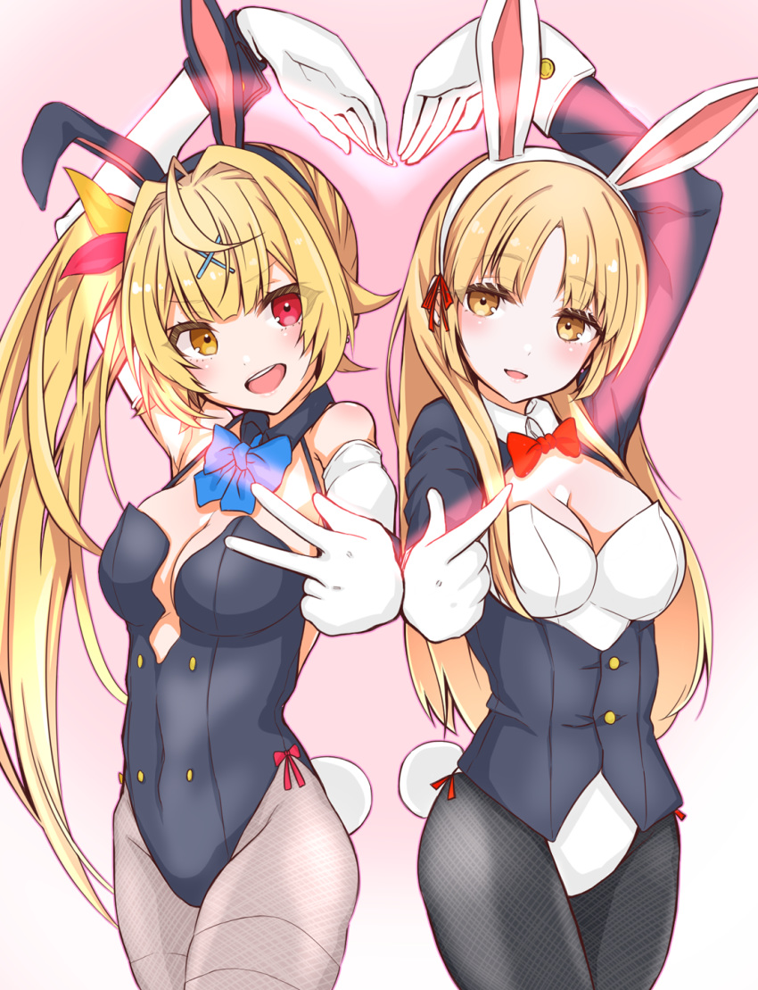 2girls ahoge alternate_costume animal_ears arm_up armpit_peek black_jacket black_leotard black_pantyhose blonde_hair blue_neckwear blush bow bowtie breasts cleavage commentary_request covered_navel cowboy_shot elbow_gloves eyelashes fake_animal_ears fake_tail gloves grey_legwear hair_ornament hair_ribbon heart_arms_duo heterochromia highres hoshikawa_sara jacket kokechan leotard long_hair looking_at_viewer medium_breasts multiple_girls nijisanji open_mouth pantyhose parted_bangs pink_background playboy_bunny pose rabbit_ears rabbit_tail red_bow red_bowtie red_eyes ribbon side-by-side side_ponytail simple_background sister_claire smile straight_hair tail v virtual_youtuber white_gloves white_leotard wing_collar x_hair_ornament yellow_eyes