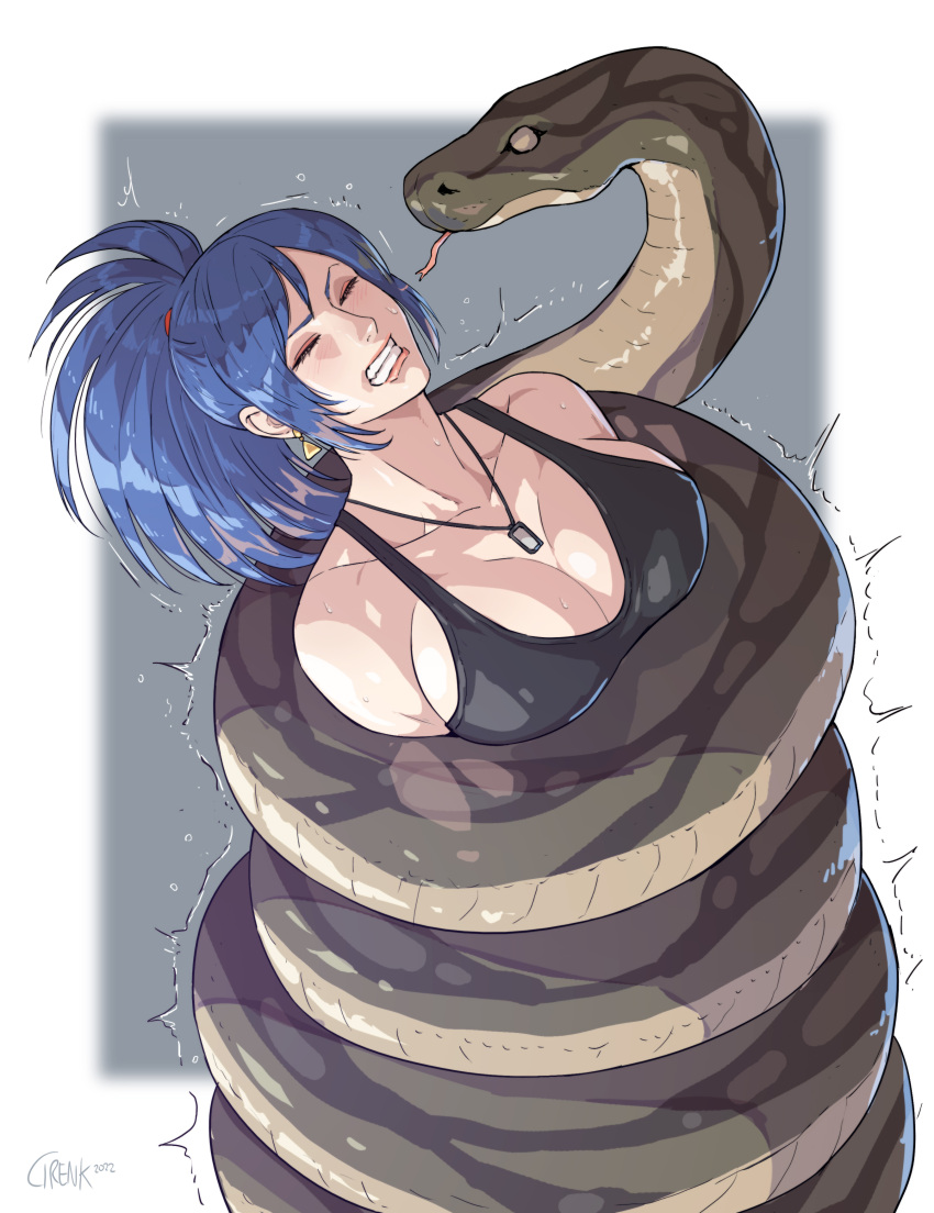 absurdres anaconda animal artist_name bare_shoulders black_tank_top blue_hair breasts cirenk closed_eyes commentary constriction dog_tags female giant_snake highres large_breasts leona_heidern oversized_animal ponytail sleeveless snake_bondage solo tank_top the_king_of_fighters wrapped_up