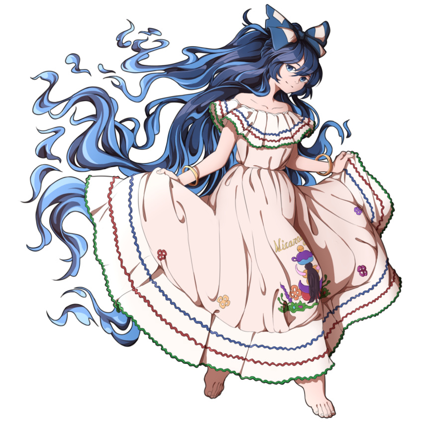 alternate_costume bare_shoulders barefoot blue_bow blue_eyes blue_hair bow bracelet collarbone commentary curtsey dress feet female full_body hairbow highres jewelry long_hair looking_at_viewer mefomefo nicaragua off-shoulder_dress off_shoulder simple_background skirt_hold solo toenails toes touhou traditional_clothes very_long_hair white_background white_dress yorigami_shion