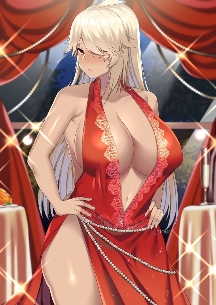 alcohol armpit_crease artist_name bare_shoulders blonde_hair blush breasts center_opening champagne cleavage closed_mouth collarbone cowboy_shot cup curtains dark_skin dress droplet female hair_over_one_eye hands_on_hips highres ikkitousen indoors jewelry large_breasts lilycious long_hair looking_at_viewer musashibou_benkei_(ikkitousen) navel red_curtains red_dress side_slit sleeveless solo standing table