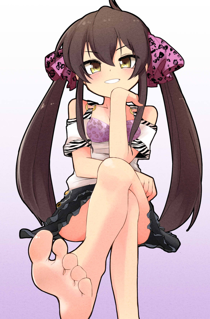 aketa_chika animal_print bare_shoulders barefoot black_hair black_skirt blush breasts cleavage collarbone crossed_legs feet female foot_focus foot_out_of_frame foreshortening frilled_skirt frills gradient_background hair_between_eyes hair_ribbon head_rest highres idolmaster idolmaster_cinderella_girls invisible_chair legs leopard_print long_hair looking_at_viewer matoba_risa o-ring o-ring_top open_mouth pink_ribbon purple_background ribbon shirt short_sleeves simple_background sitting skirt small_breasts smile soles solo toes twintails very_long_hair white_shirt yellow_eyes zebra_print