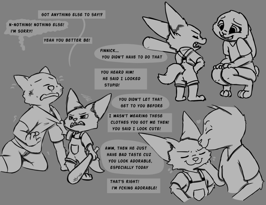 absurd_res ageplay anthro apology baseball_bat bat_(object) canid canine dialogue disney english_text felid feline female fennec_fox finnick_(zootopia) fox hi_res infantilism irregular_speech_bubble judy_hopps kissing kuuneho lagomorph leporid linked_speech_bubble male mammal monochrome name_drop name_in_dialogue object_on_shoulder polygonal_speech_bubble profanity rabbit roleplay speech_bubble stuttering talking_to_another text true_fox zootopia