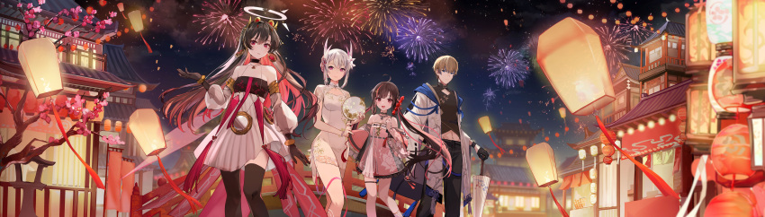 1boy 3girls absurdres ahoge alternate_costume architecture black_gloves blonde_hair blue_eyes bracelet brown_hair building candy cherry_blossoms china_dress chinese_clothes choker commentary_request detached_sleeves dress east_asian_architecture feet_out_of_frame fireworks flower food fruit gloves hair_flower hair_ornament halo hand_fan highres holding holding_candy holding_fan holding_food holding_umbrella hutuu_(1121) jewelry lantern lee_(punishing:_gray_raven) liv_(punishing:_gray_raven) looking_at_viewer lucia:_plume_(eventide_glow)_(punishing:_gray_raven) lucia_(punishing:_gray_raven) multicolored_hair multiple_girls necklace night night_sky official_alternate_costume open_mouth outdoors pants paper_lantern pink_eyes pulao:_dragontoll_(dreamweaver)_(punishing:_gray_raven) pulao_(punishing:_gray_raven) punishing:_gray_raven see-through see-through_sleeves short_hair sky standing strawberry streaked_hair tanghulu thigh_strap thighhighs transparent_fan tree tuanshan twintails umbrella white_hair