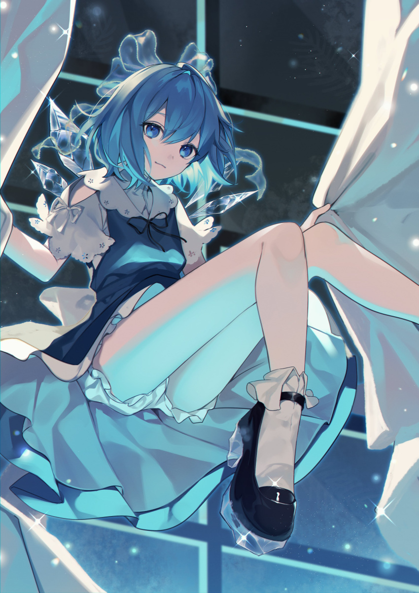 absurdres bloomers blue_bow blue_dress blue_eyes blue_hair bow cirno closed_mouth clothing_cutout collared_dress curtain_grab curtains daimaou_ruaeru dress female foot_out_of_frame hairbow highres ice ice_wings looking_at_viewer medium_hair red_footwear shoes short_sleeves shoulder_cutout socks solo sparkle touhou underwear white_socks window wings