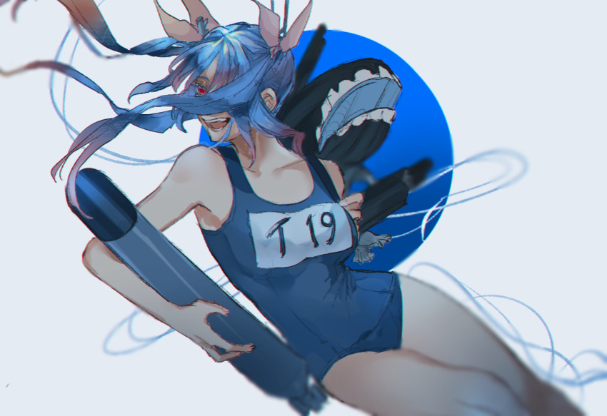 bad_id bad_pixiv_id blue_hair blue_one-piece_swimsuit cowboy_shot female hair_ribbon highres holding holding_torpedo i-19_(kancolle) kantai_collection long_hair name_tag nekosuimasu one-piece_swimsuit red_eyes ribbon school_swimsuit swimsuit teeth torpedo tri_tails whale